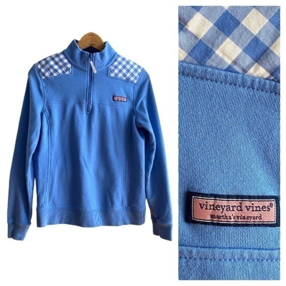 Vineyard Vines Blue White Gingham Plaid Shep Quarter Zip Pullover Sweater Small